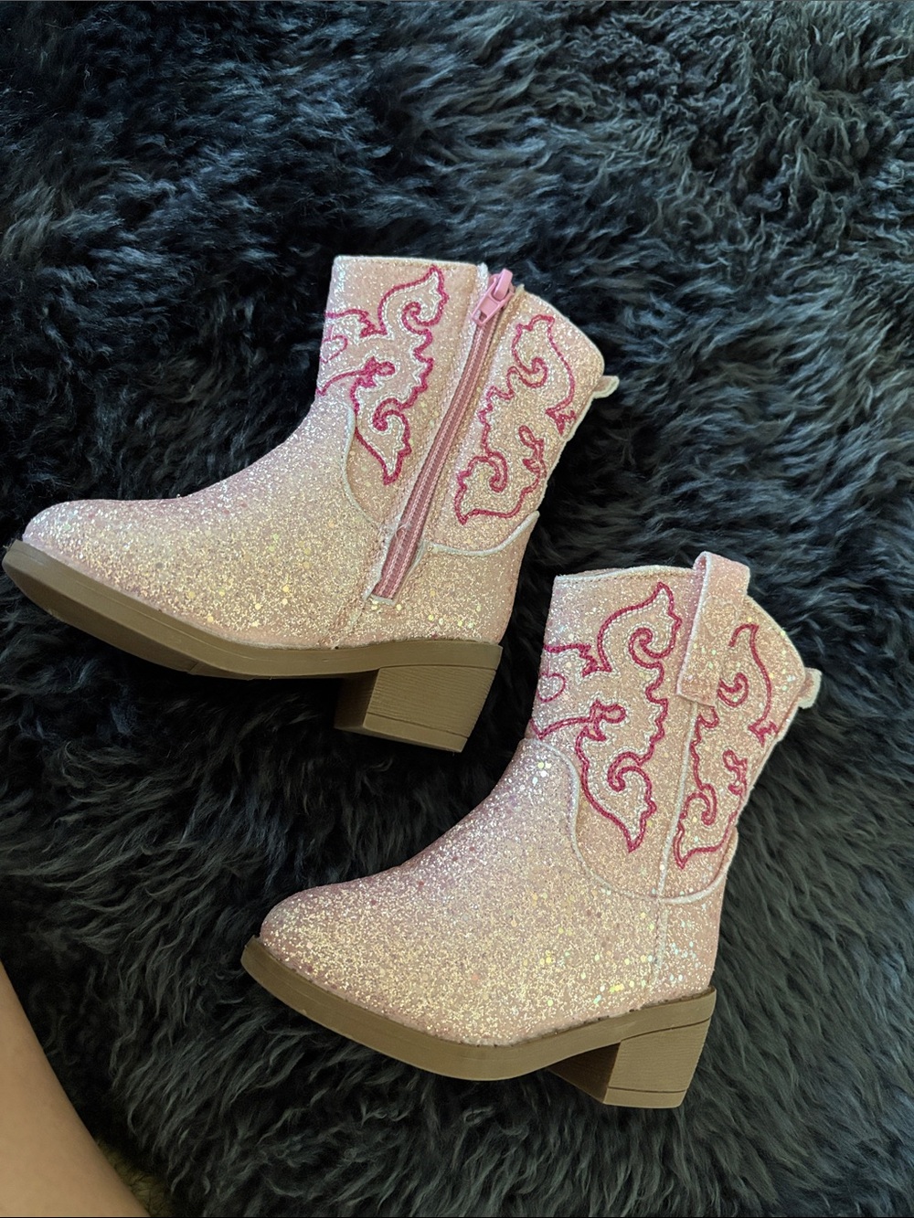 First steps Girls' Pink Glitter Western Boots with Embroidered Accents